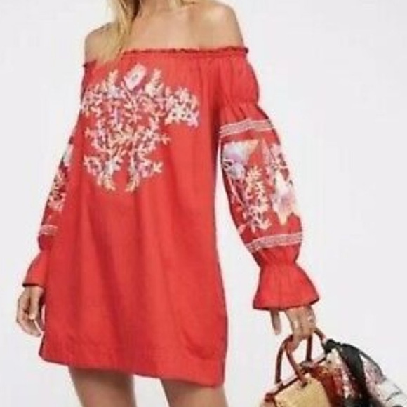 Free People Dresses & Skirts - Free People Red Floral Embroidered Off The Shoulder Mini Dress XS